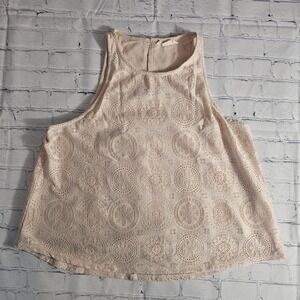 Elodie Beige Lace Medallion High Neck Tank Top Sleeveless Size L Boho Flowy